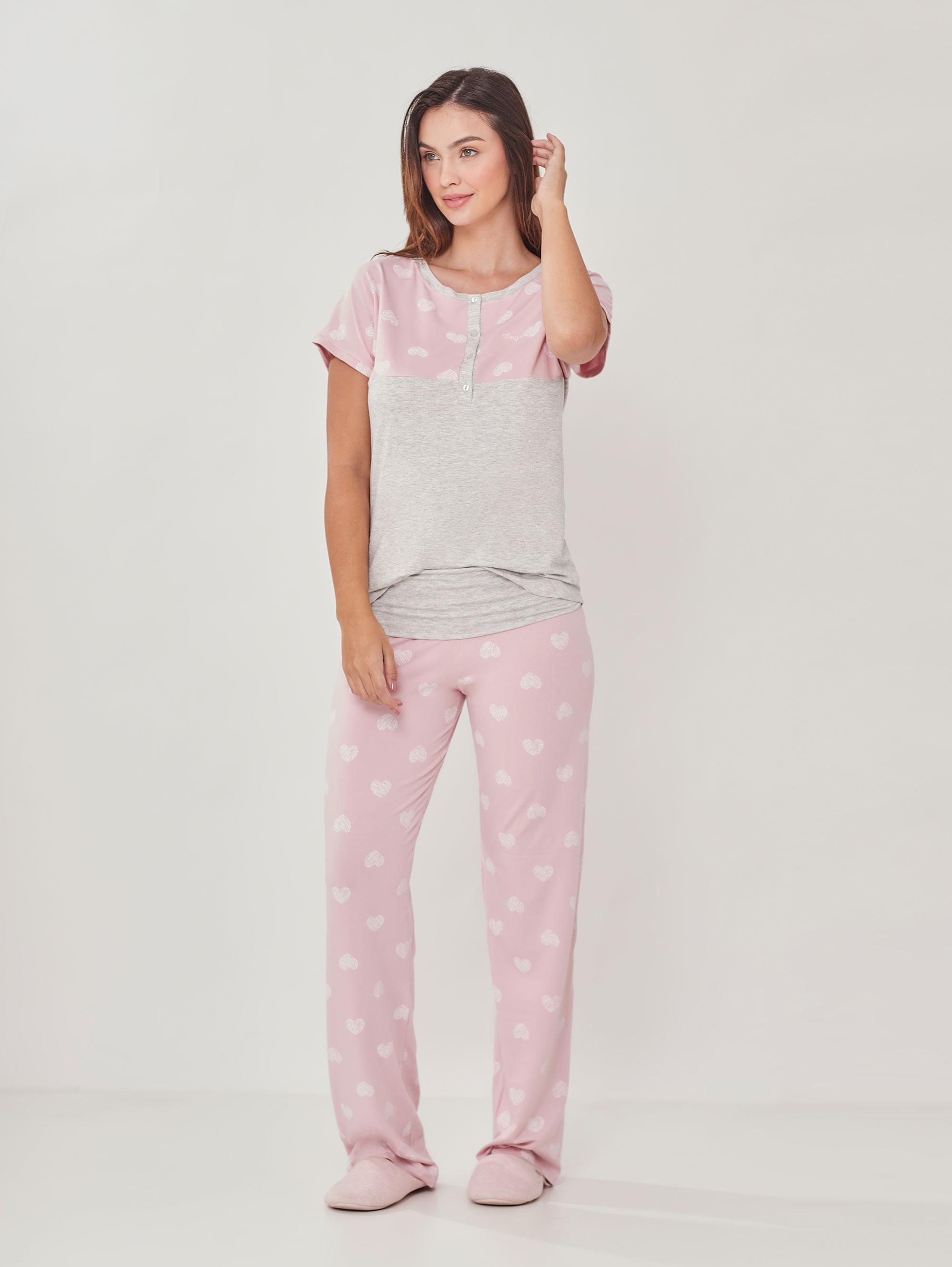 pijama feminino longo manga curta maternidade